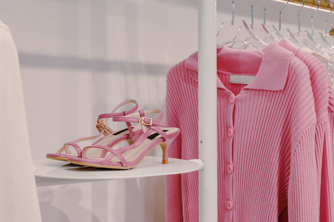 gallery-1 Elegant pink sandals and a knit sweater displayed on a shelf in a fashion boutique.